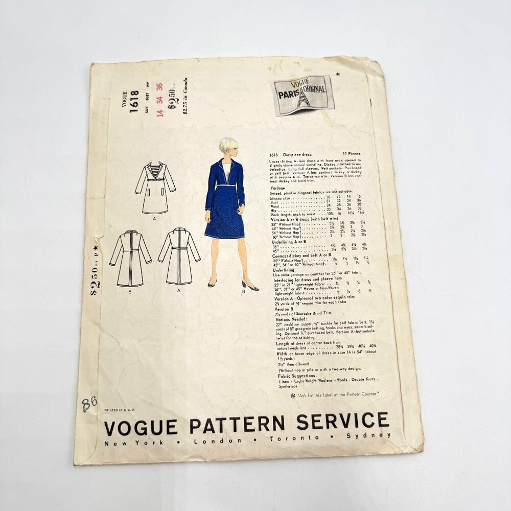 Vogue Paris Original w/Tag Sewing Pattern 1618 by Yves Saint Laurent Dress Sz 14 - Picture 4 of 7